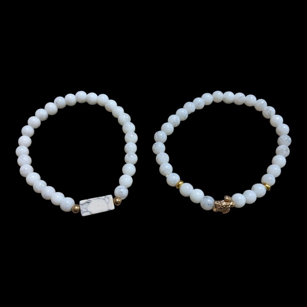 White Marble Beaded Stretch Bracelet Set Gold Turtle Charm 2pc